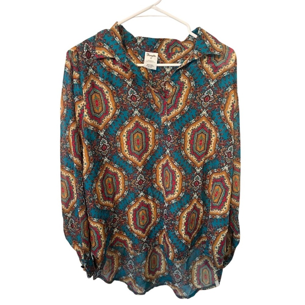 Wrangler Womens XL Paisley Medallion Print Long Sleeve Blouse Teal